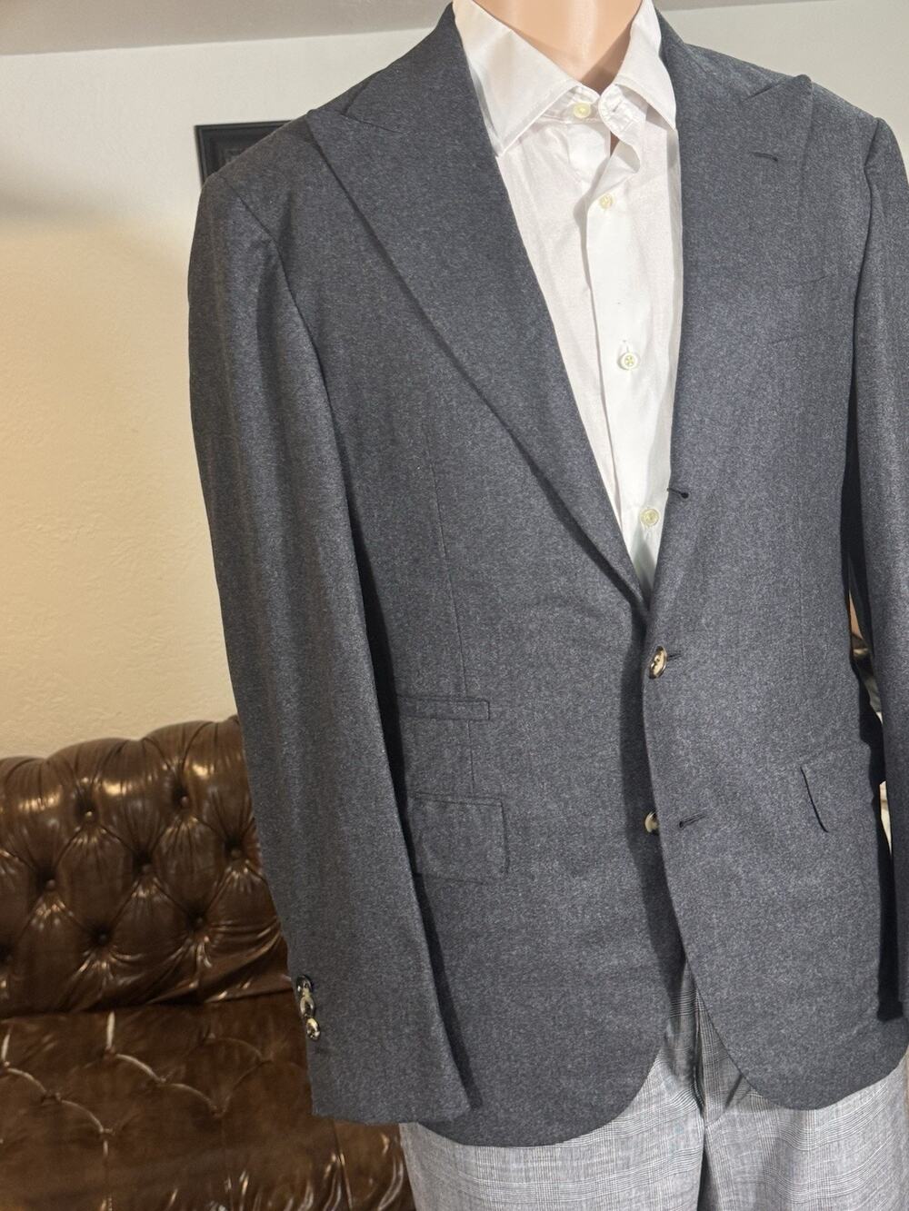 Brunello Cucinelli Charcoal Cashmere Blend Flannel Blazer Peak Lapels 50 40S